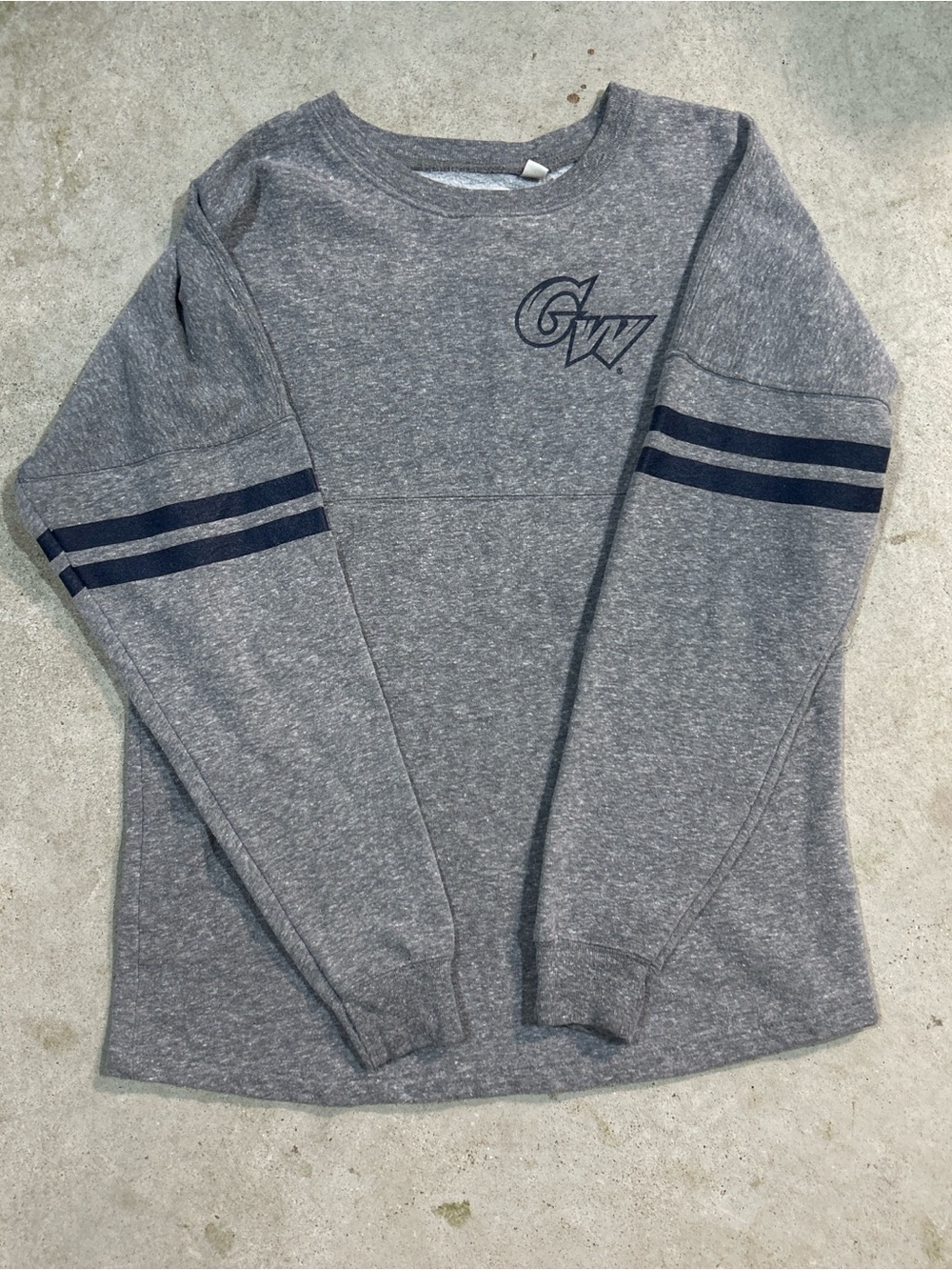 League Gray Crewneck Sweater with Navy Stripes and Logo